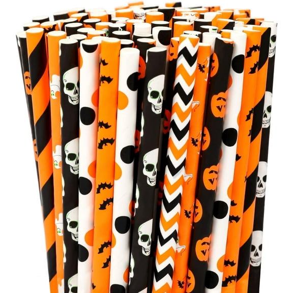 TETOU 200 Pcs Hallowe'en Paper Straws, 7.72" Biodegradable Paper Drinking Straws for Hallowe'en Party Supplies (7-8 Mixed Styles)