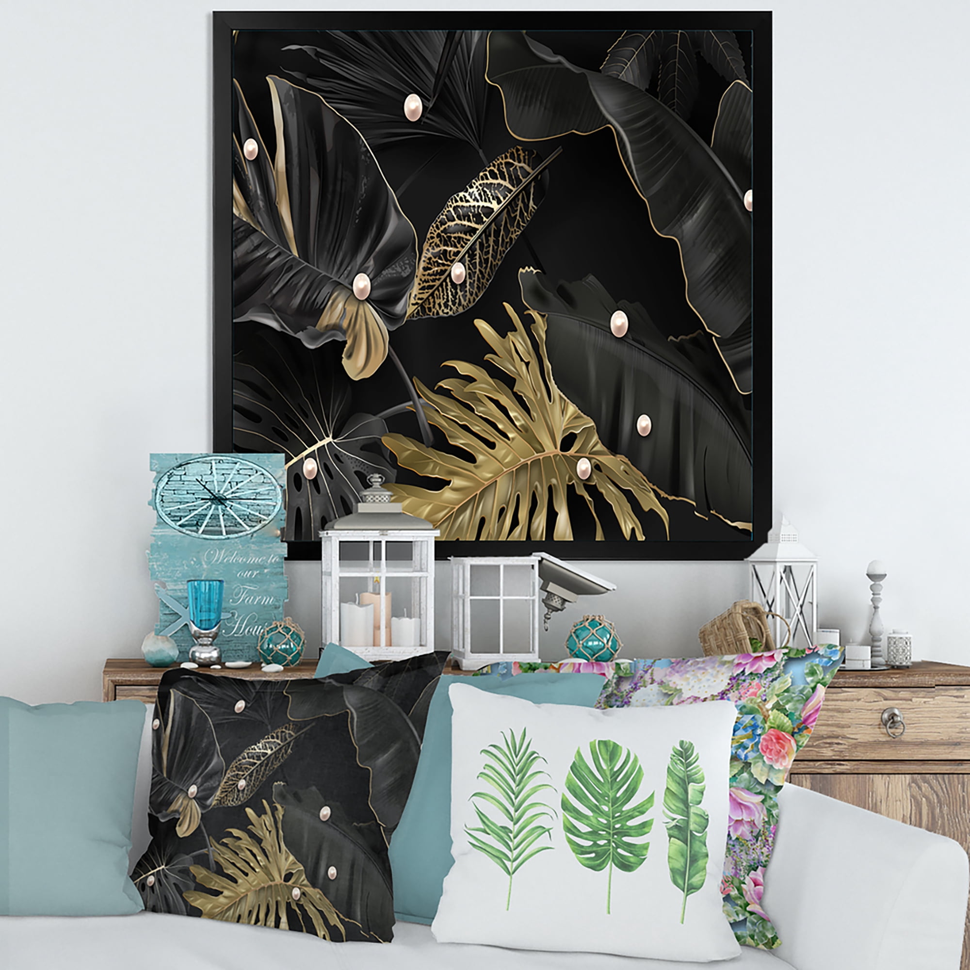 Designart 'Gold and Black Tropical Leaves III' Modern Framed Art Print