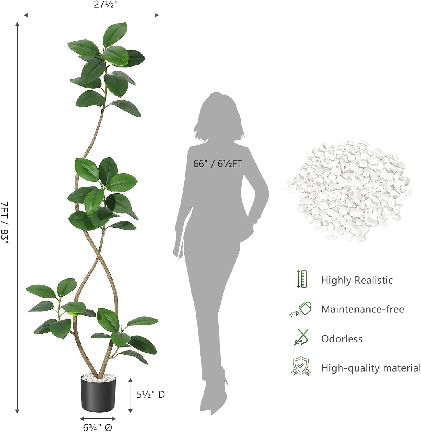 BouPower 5FT/6FT/7FT Artificial Plants Rubber Tree with Black Resin Pot& White Stone Faux Fiddle Leaf Fig Tree Indoor Artificial Trees Tall Plant Fake Tree Tropical Large Floor Tree Real Touch