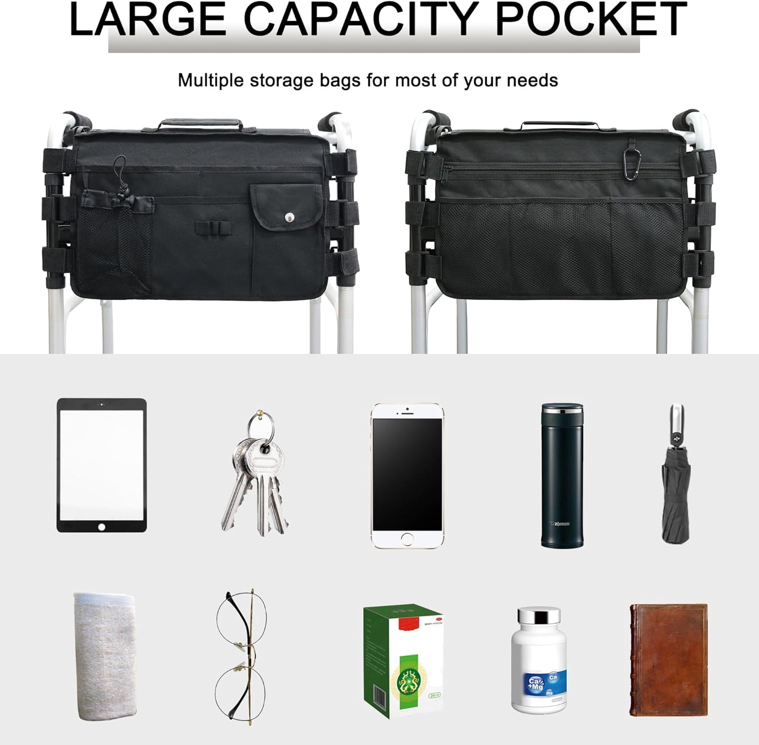 Upgraded Walker Bag for Folding Walker, Double Sided Walker Basket with Multi Pockets Cup Phone Holder Large Capacity Storage Basket for Seniors Walkers, Rollators