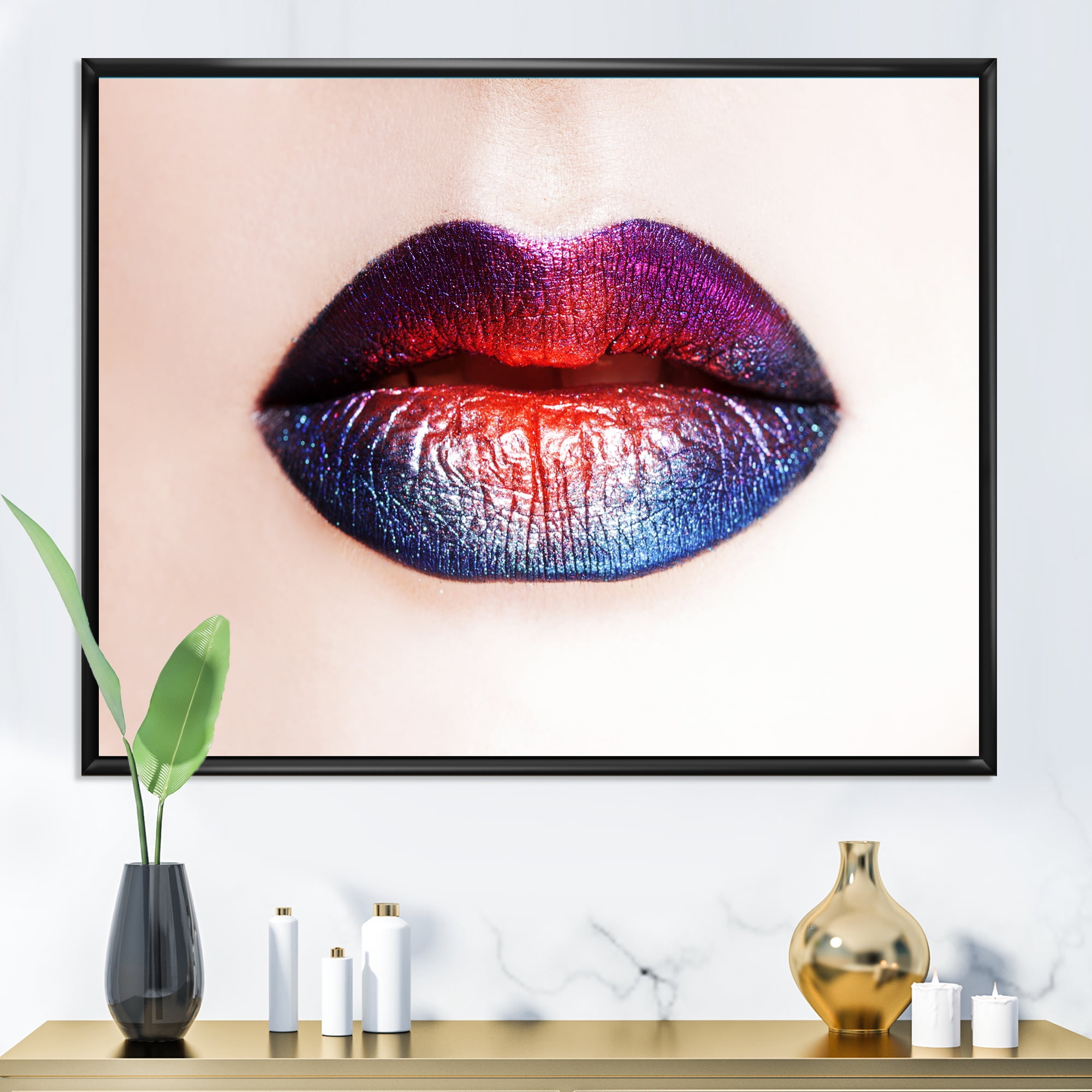 Designart 'Female Lips With Bright Multicolored Lipstick' Modern Framed Canvas Wall Art Print