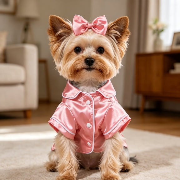 Satin Pet Pajama with Bow Button Up Dog Shirt Breathable Polyester Loungewear for Small Medium Puppy Cats Indoor Sleep Party