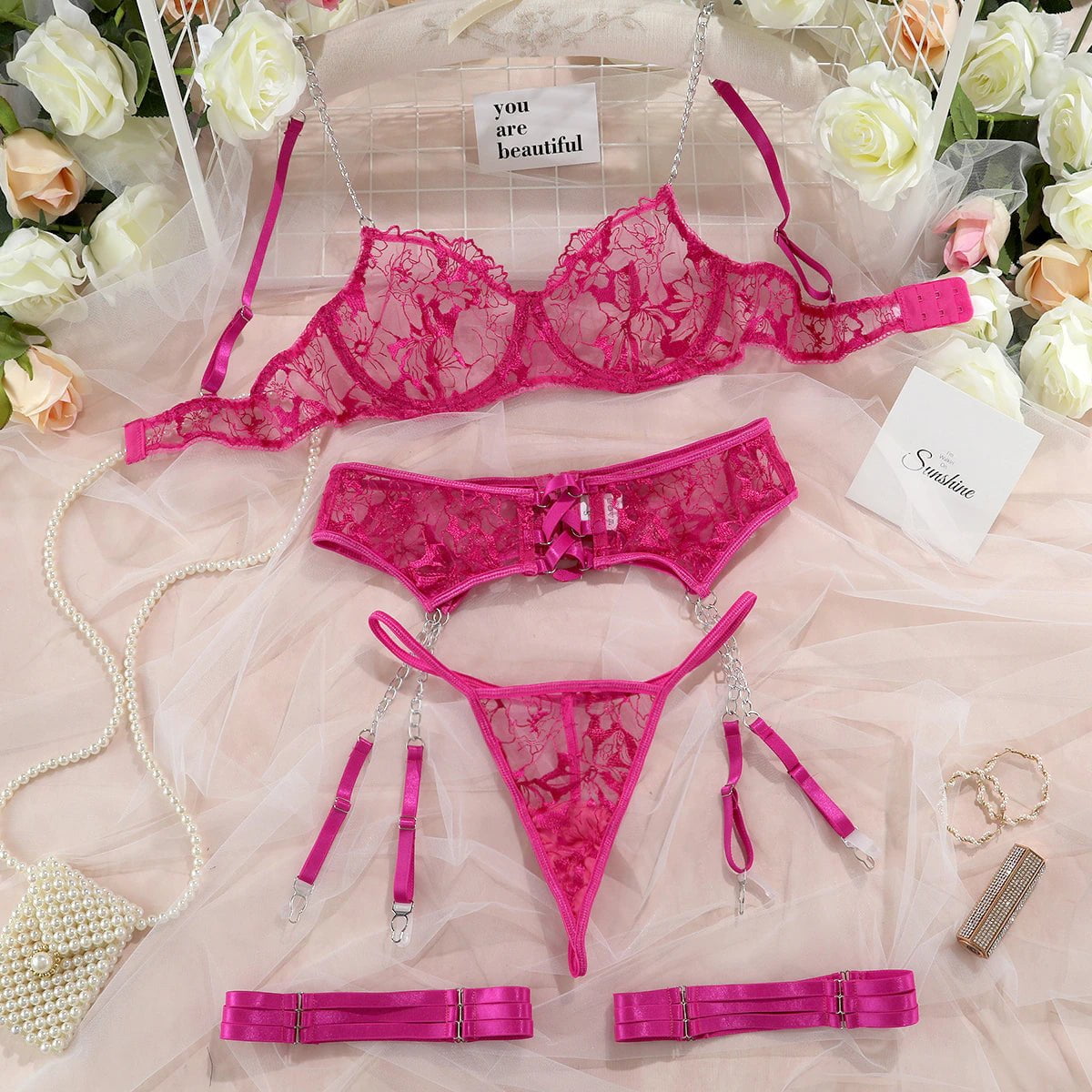 Hot Pink Lace Garter Lingerie Set
