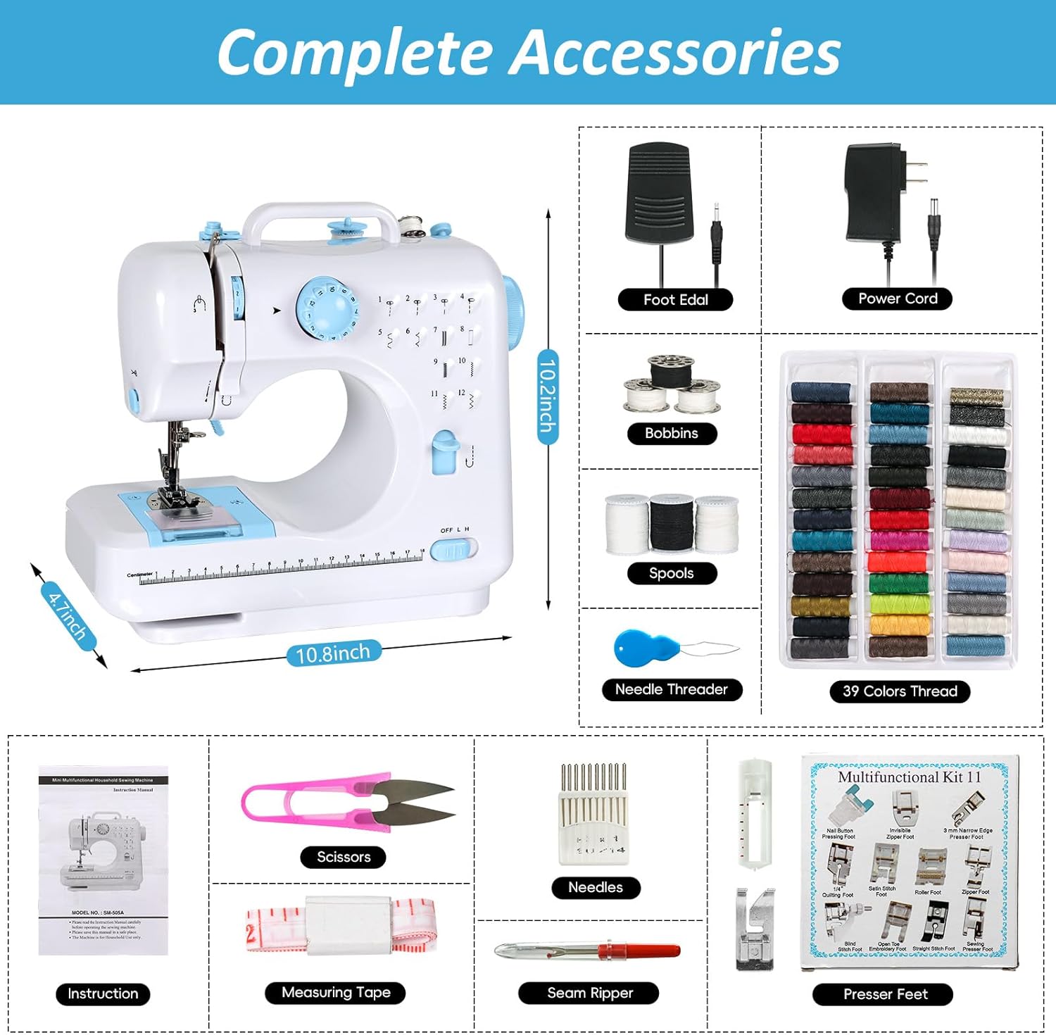 Sewing Machine for Beginners, Portable Mini Sewing Machine with 13 Replaceable Presser Feets, Built-in 12 Stitches, Extension Table, 39 Colors Thread, Reverse Sewing, 2 Speed Foot Pedal, Sewing Kit