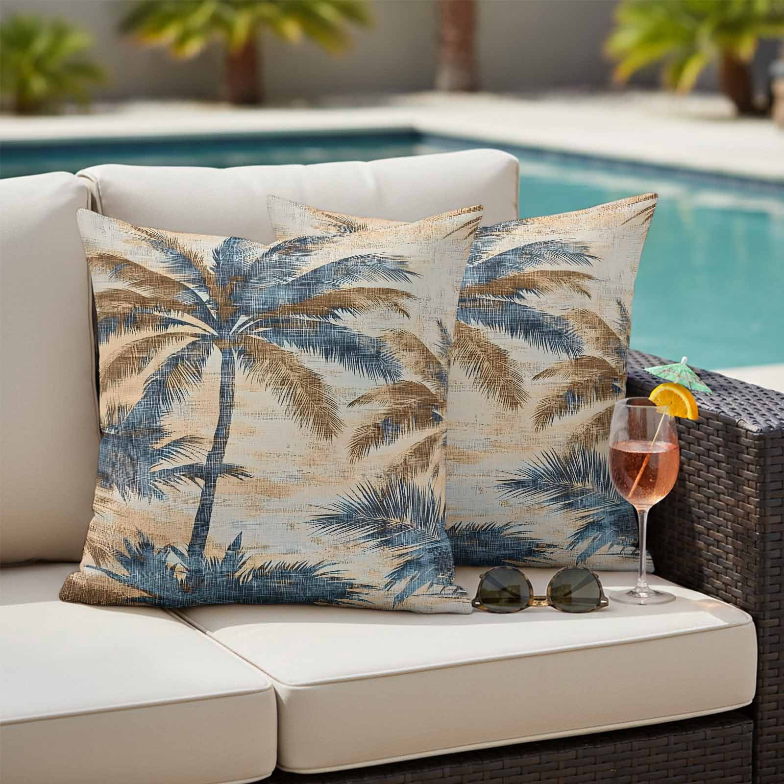 Retro Palm Leaf Outdoor Pillow Covers 18"x18" Set of 2, Brown Blue Tropical Plant Waterproof Throw Pillow Covers for Patio Furniture, Decorative Cushion Covers for Porch