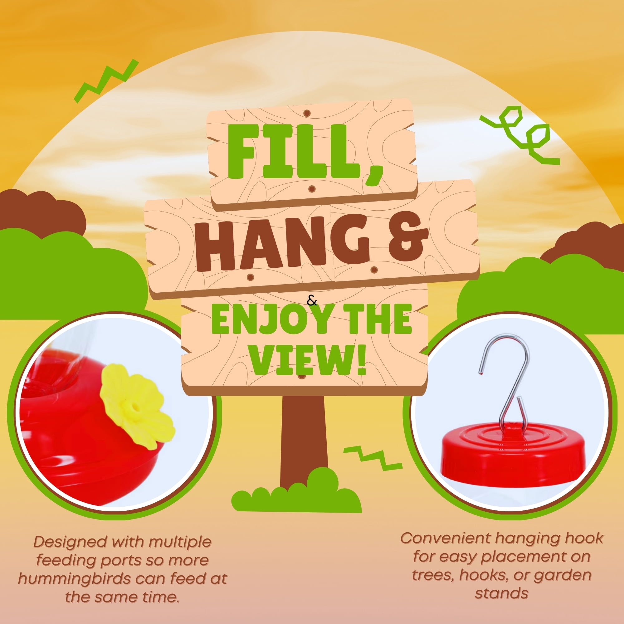 2-Pack Red Hummingbird Feeder with Hanging Hook, 7in. & Nectar Pack, Outdoor Plastic Bird Feeder with Multiple Feeding Ports Easy Fill Clear Reservoir for Garden Patio Balcony Backyard