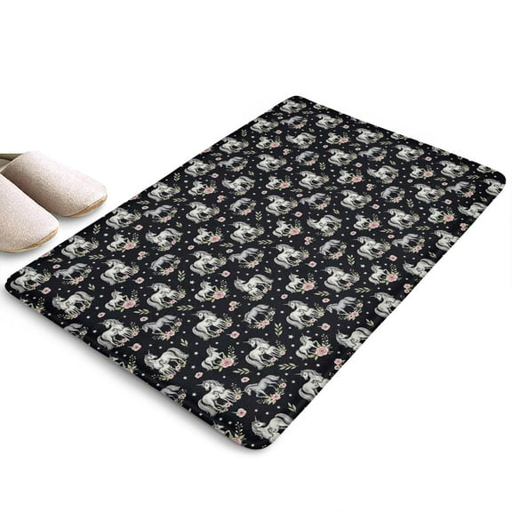 Black Cartoon Unicorn Floral Flannel Non Slip Door Rugs,Washable Door Mats Indoor,Decorative Door Mats,Dirt-Resistant and Absorbent Doormat for Entrance,Bedroom,Kitchen,Bathroom,23.5"x16"