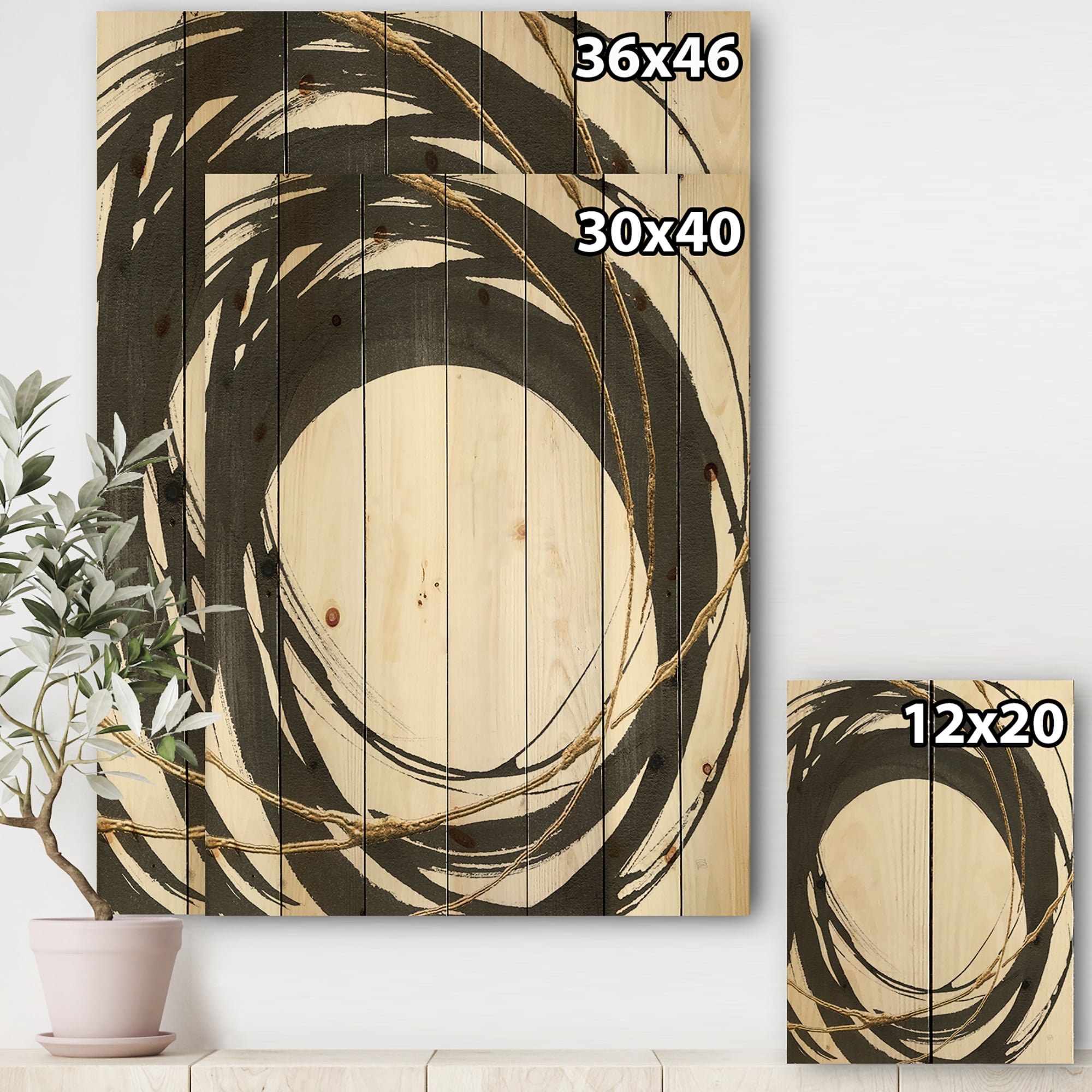 Designart 'Gold Glamour Circle II' Posh & Luxe Print on Natural Pine Wood