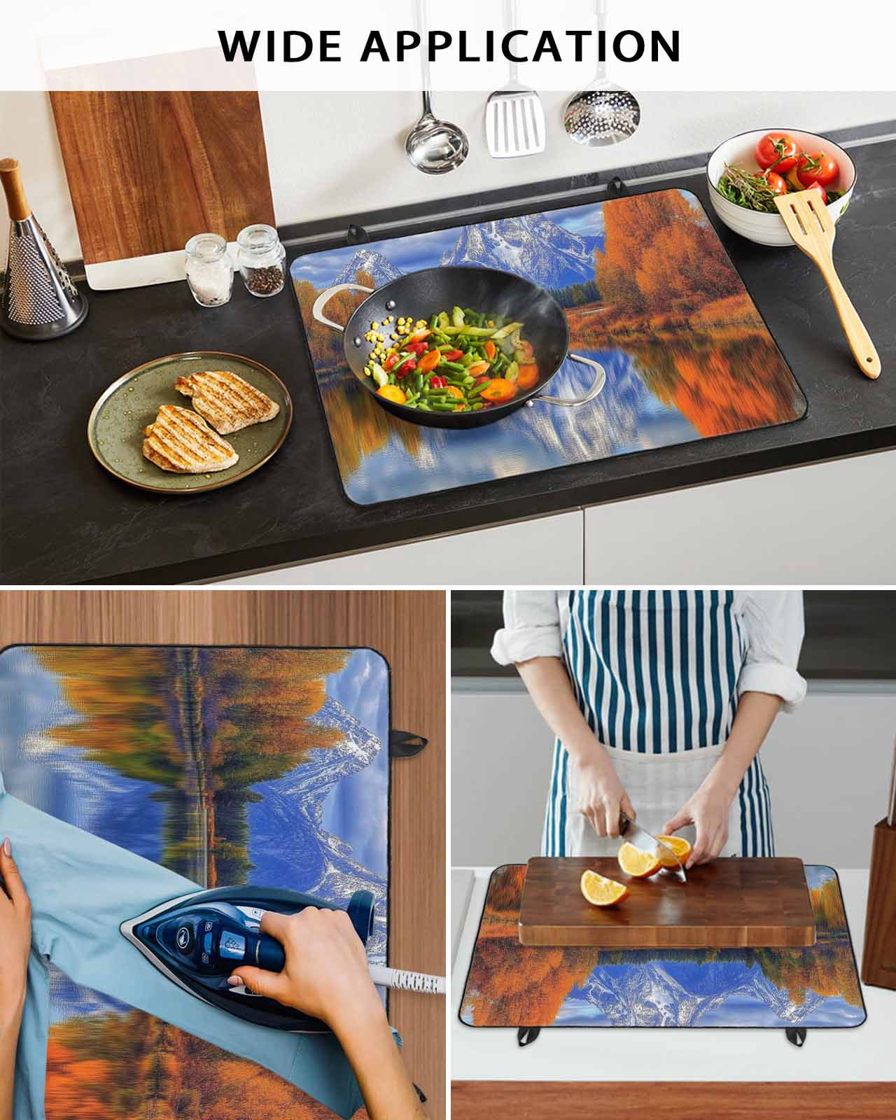 nqOlkjepod Large Induction Cooktop Protector Mat 24"x21", Blue Mountain Stove Top Covers for Electric Stove, Modern Art Yellow Forest Lake Decorative Stove Burner Cover Mats, Glass Top Stove Cover