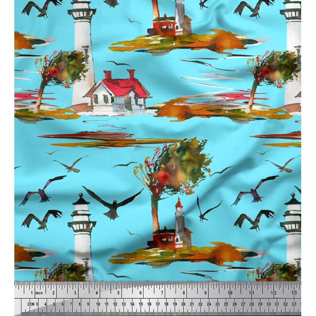 Soimoi polyester Crepe Fabric Lighthouse,Bird & Tree Nature Decor Fabric Printed Yard 52 Inch Wide