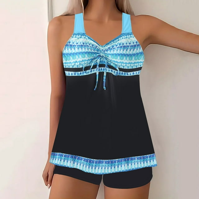 Trajes de baño Amzcrzy Tankini para mujer, trajes de baño, traje de baño para mujer, traje de baño dividido con estampado grande, falda de bikini dividida, traje de baño azul, 3XL