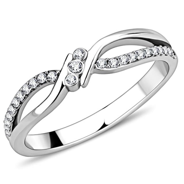 Women High Polished Stainless Steel Ring with AAA Grade CZ in Clear - Size 6