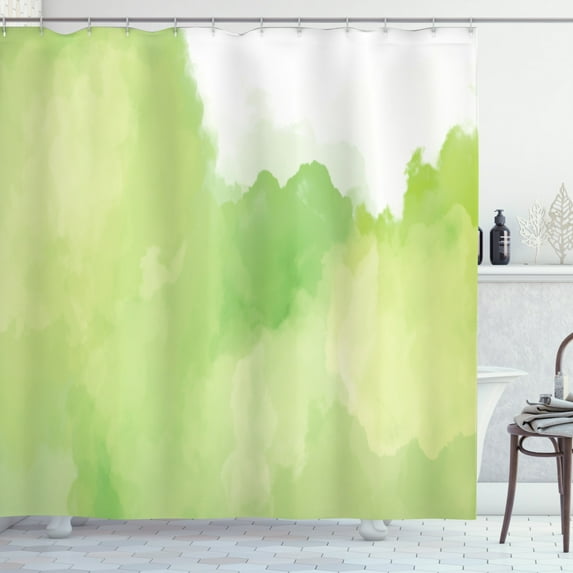 Art Abstract Shower Curtain, Monochromatic Style Design of Smokey Natural Setting Illustration, Fabric Bathroom Set with Hooks, 69W X 75L Inches Long, Pale Green Green White, by Ambesonne