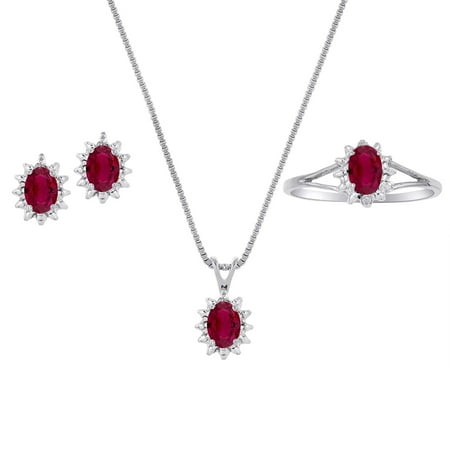 Genuine Natural Ruby & Diamond Pendant, Earrings & Ring Set in Sterling Silver .925 with Chain and Gift Box