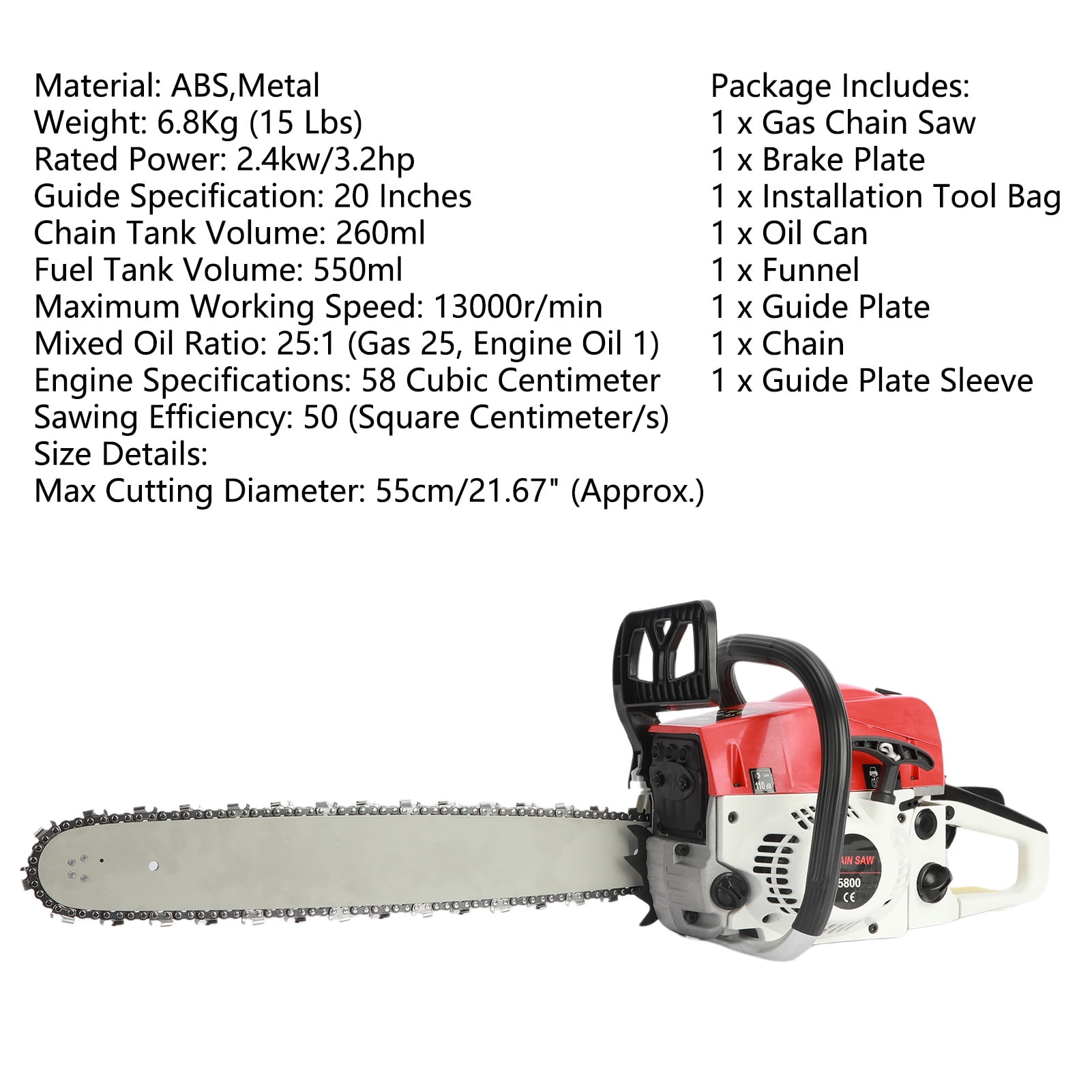 Bkn Gas Chain Saw Wood Chainsaw Cordless Petrol Saw Handheld Chainsaw,58cc 2-Stroke Powerful High Power Multifunction 58 Cubic Centimeter Rust Resistant for Wood Cutting 20-Inch