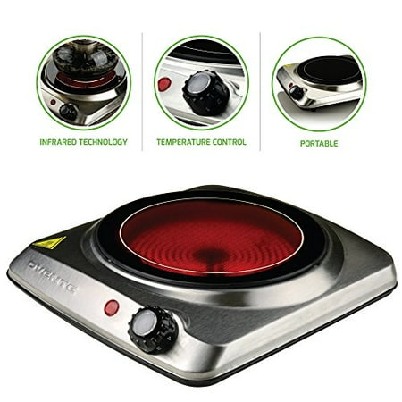 Induction Stove - Ovente Countertop Infrared Burner – 1000 Watts – 7 Inch Ceramic Glass Single Plate Cooktop with Temperature Control, Non-Slip Feet – Indoor/Outdoor Portable Electric Stove – Stainless Steel (BGI101S)