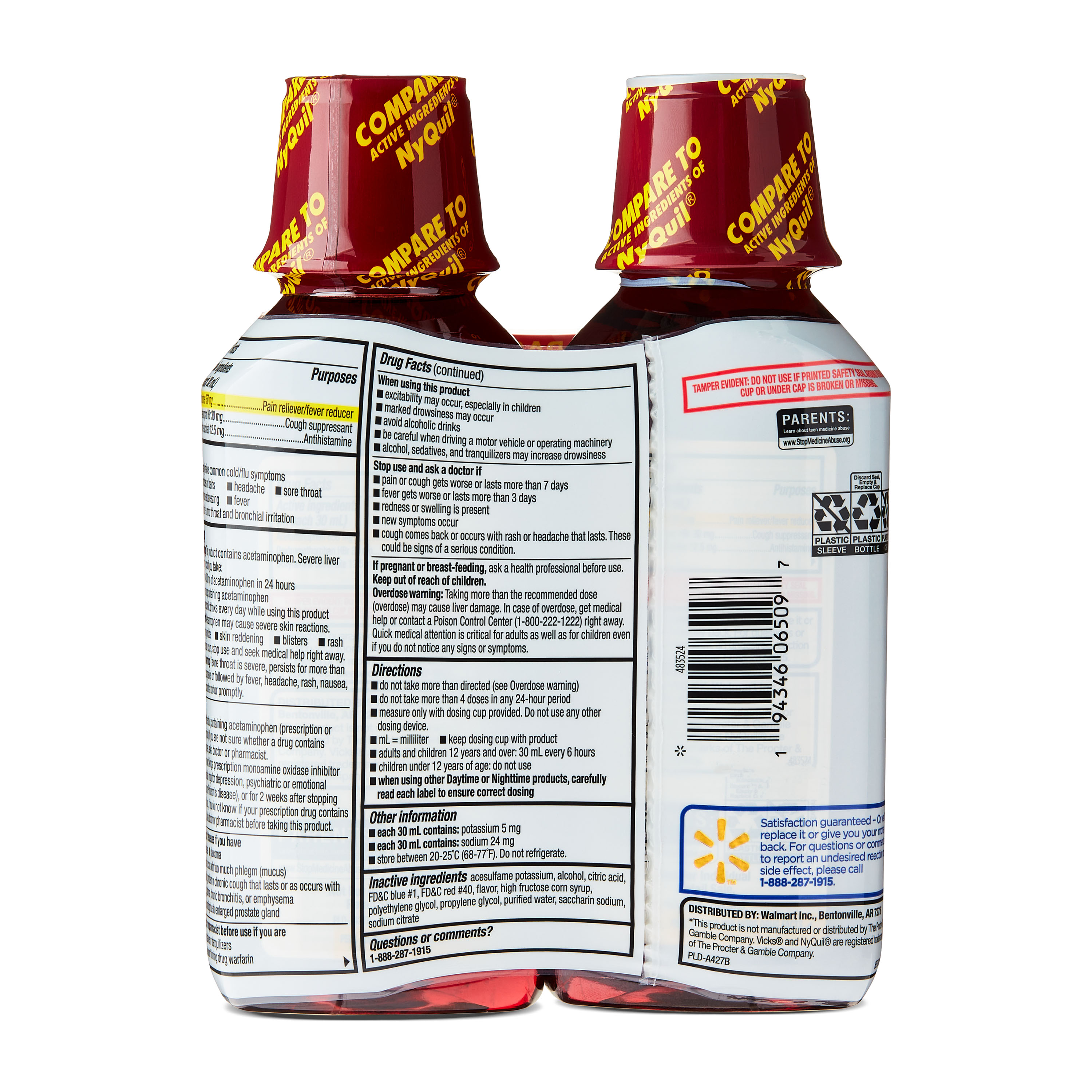 Líquido Equate para alivio de resfriado y gripe nocturno, sabor cereza, 24 fl oz (2x12 fl oz), comparar con ingredientes activos de Vicks Nyquil para resfriado y gripe 6