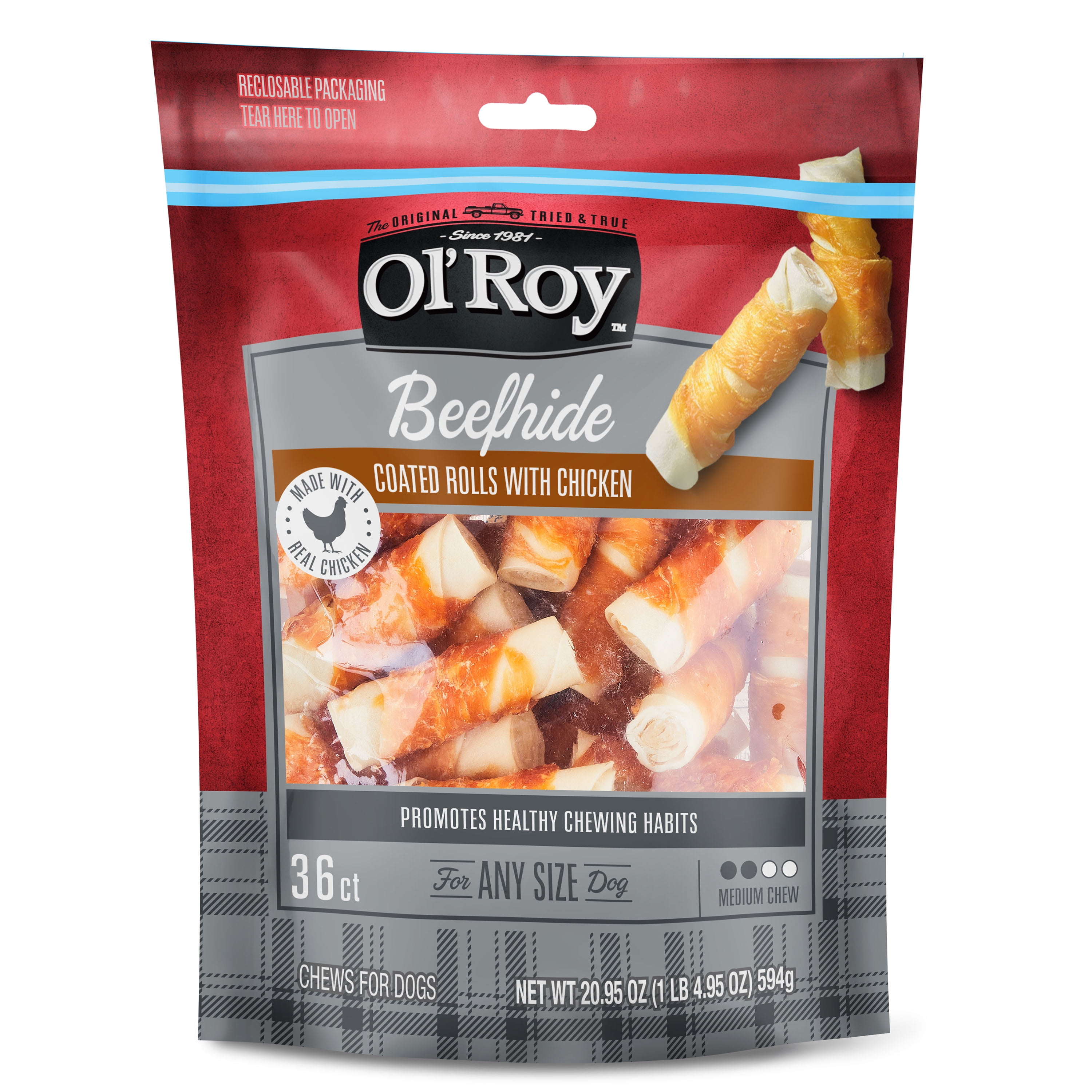 (2 pack) Ol' Roy Beefhide Coated Rolls with Chicken For Any Size Dogs, 20.95 oz, 36 Count