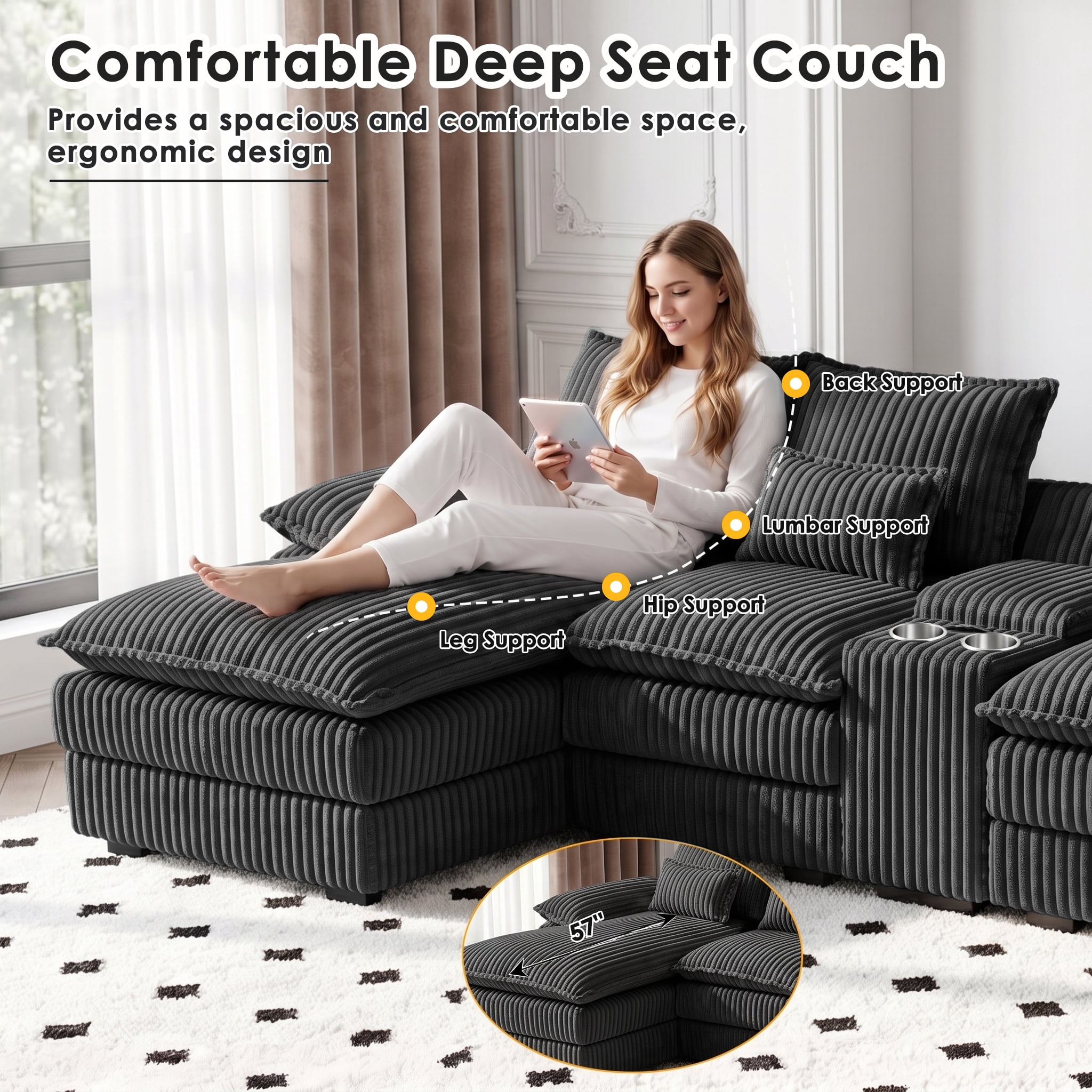 Wakefit 125" U Shaped Sectional Couch, Oversized Modular Sectional Sofa, 5 Seater Corduroy Cloud Couch with Hidden Storage, USB Ports & Cup Holders for Living Room, Dark Gray
