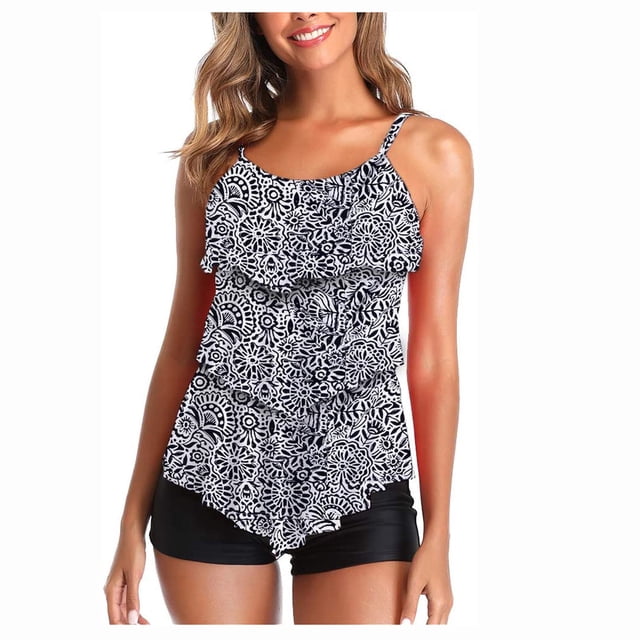 Gibobby Conjunto de bikini para mujer Top 2 Bikini Flounce traje de baño con conjunto de pantalones cortos para mujer pieza traje de baño Tankinis conjun(Negro,CH)
