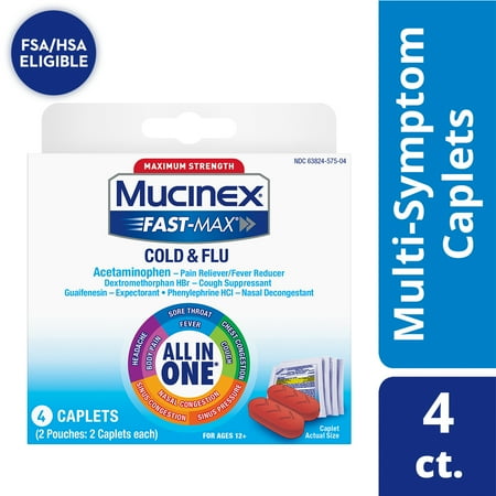 Mucinex All in One Fast Max, Cold and Flu Medicine, On the Go, 4 Caplets