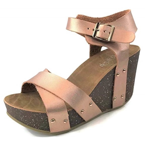Refresh Mara-05 Rose Gold Fashion Ankle Strap Open Toe Wedge Heeled Sandals