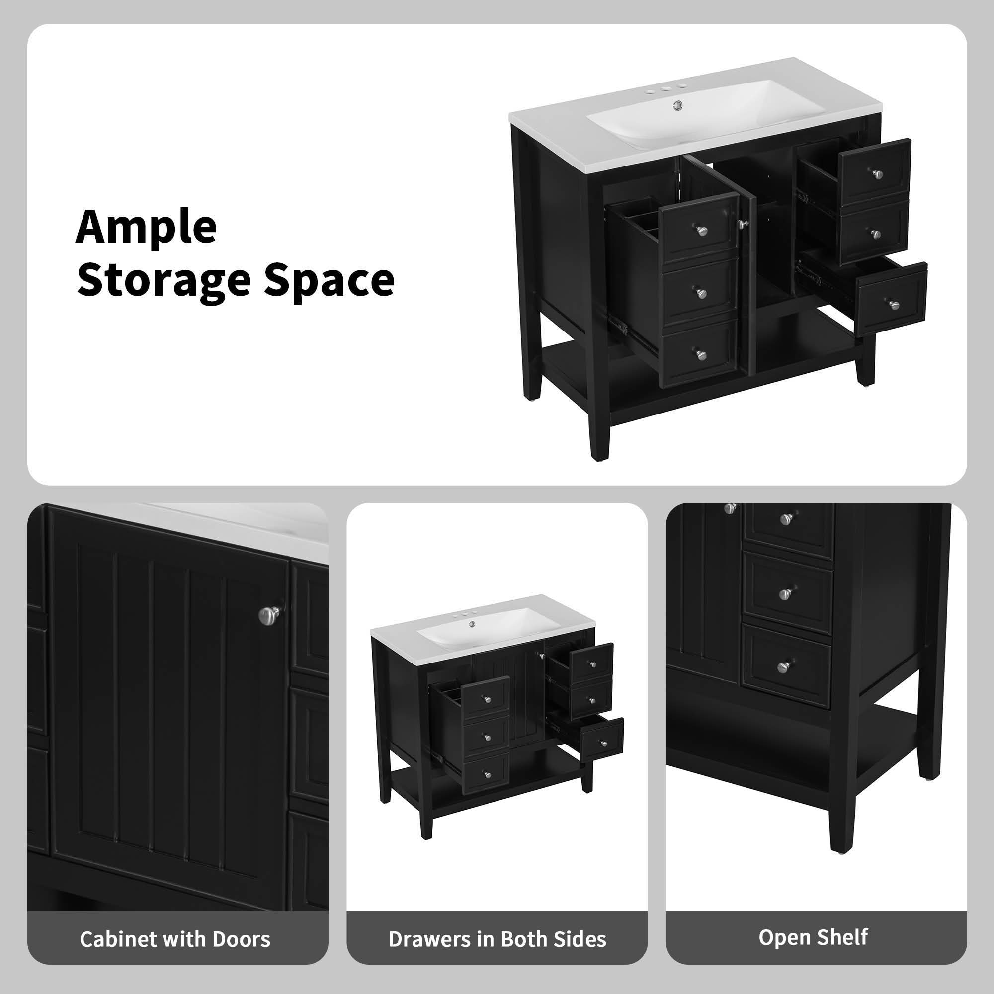 MAYEERTY 36" Bathroom Vanity without Sink Cabinet Base 1 Cabinet 3 Drawers Black