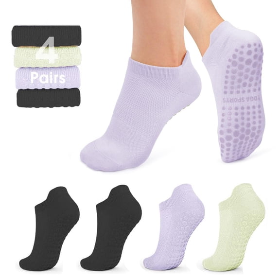 4 Pairs Women’s Non-Slip Yoga Socks – Breathable Cotton Grip Socks for Pilates, Barre, Ballet, Fitness & Home