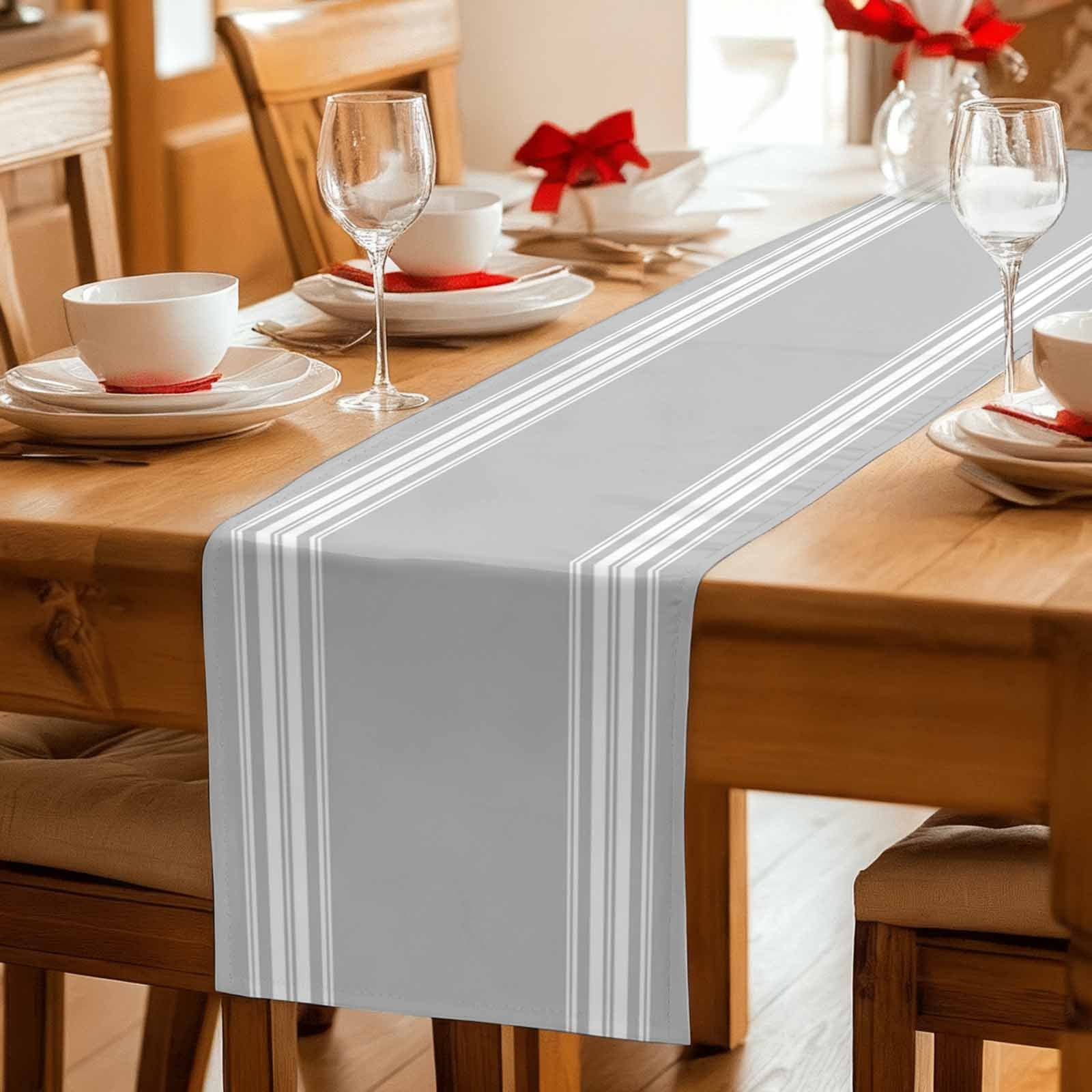 Grey Striped Table Runner, Luxurious White Stripes Modern Abstract Art Washable Cotton Linen Table Runners 90 Inches Long, Dresser Scarf Runner for Dining/Coffee/Kitchen/Hallway Tables 13''x90''