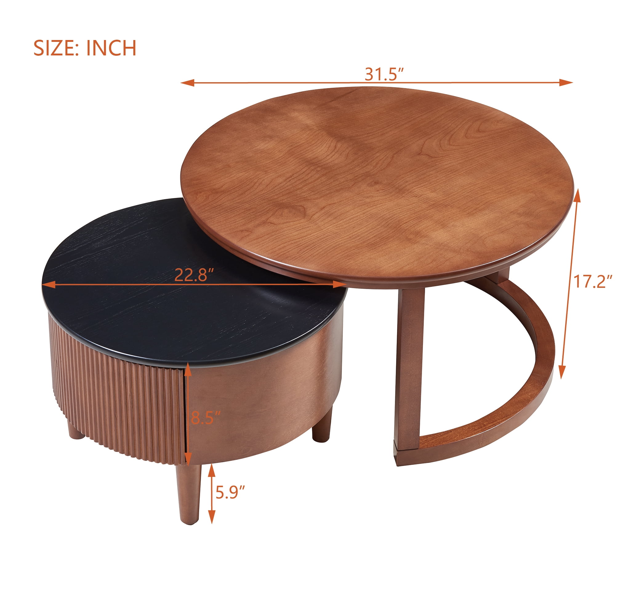 Euroco Vintage Round Nesting Coffee Table Fluted with Drawer in Black & Walnut in 31.5''