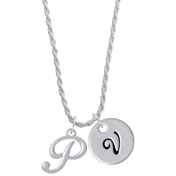 Delight Jewelry Silvertone Small Gelato Script Initial - P - Silvertone Script Initial Disc - V - Charm Necklace, 20"+3"