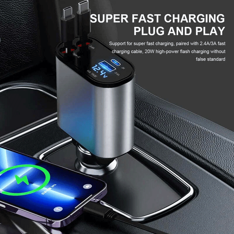 4 IN 1 Retractable 100W USB C Car Charger Adapter, Dual Port Fast Charging for Phones and Tablets