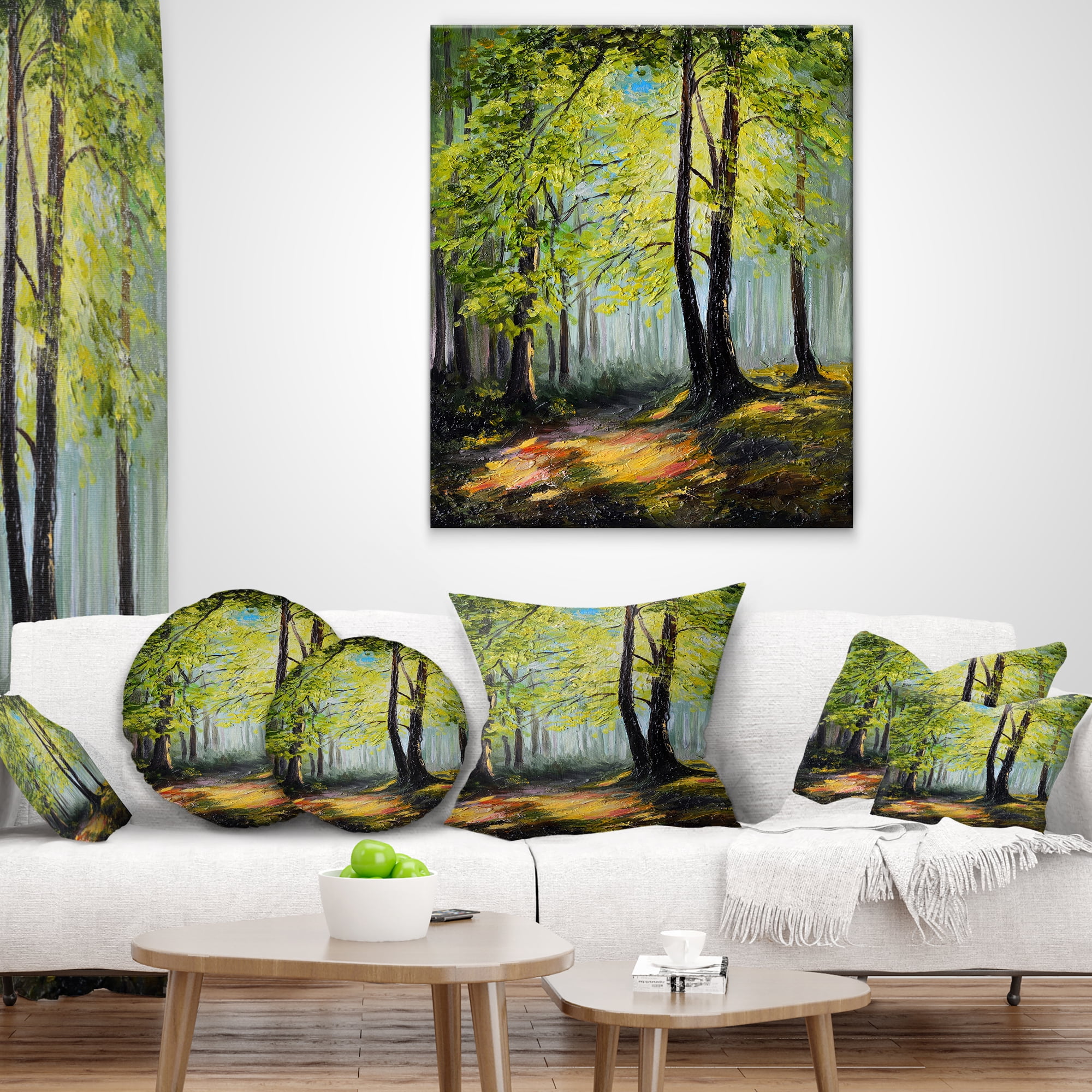 Designart Green Autumn Forest - Landscape Printed Throw Pillow - 16x16