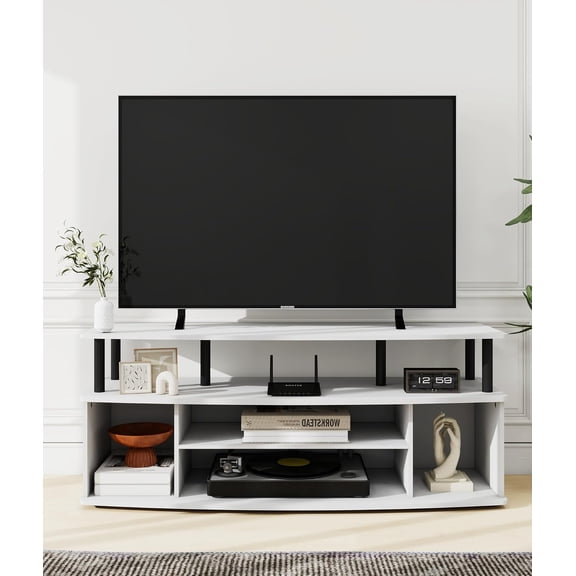 Modern TV Stands for 55 Inch Television, Entertainment Center with Open Storage Shelves, TV Stand for Living Room Bedroom, White