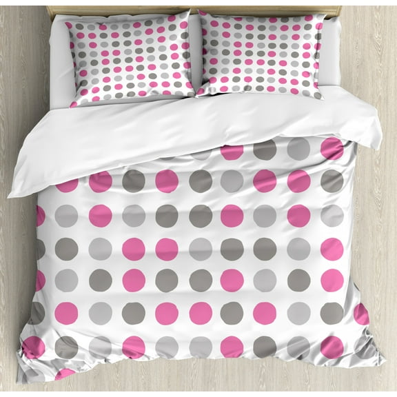 Geometric Duvet Cover Set Queen Size, Traditional Retro Polka Dots Design European Ancestral Motif Pastel Colors, Decorative 3 Piece Bedding Set with 2 Pillow Shams, Pink White Grey, by Ambesonne