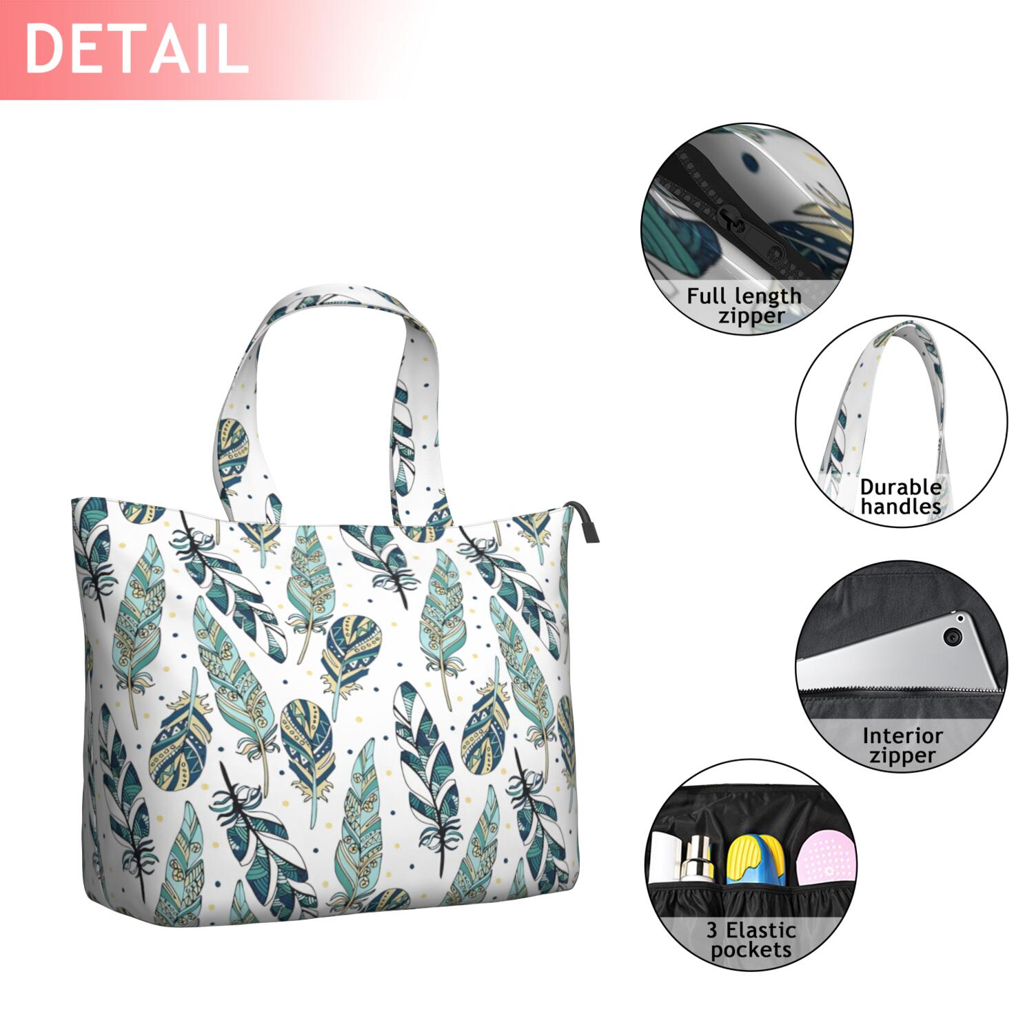 Blue Boho Tribal Feathers Pattern Travel Tote Bags for Women Carry On,Large Weekender Bags for Women Travel,Multi Functional Duffle Bag for Work,Shopping,Sports