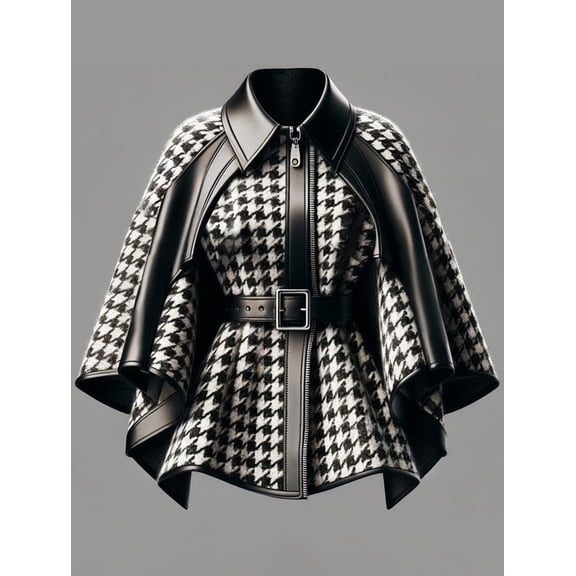 Women Houndstooth Cape-Sleeve Coat, Zipper Front Belted Jacket with Leather Collar & Trim