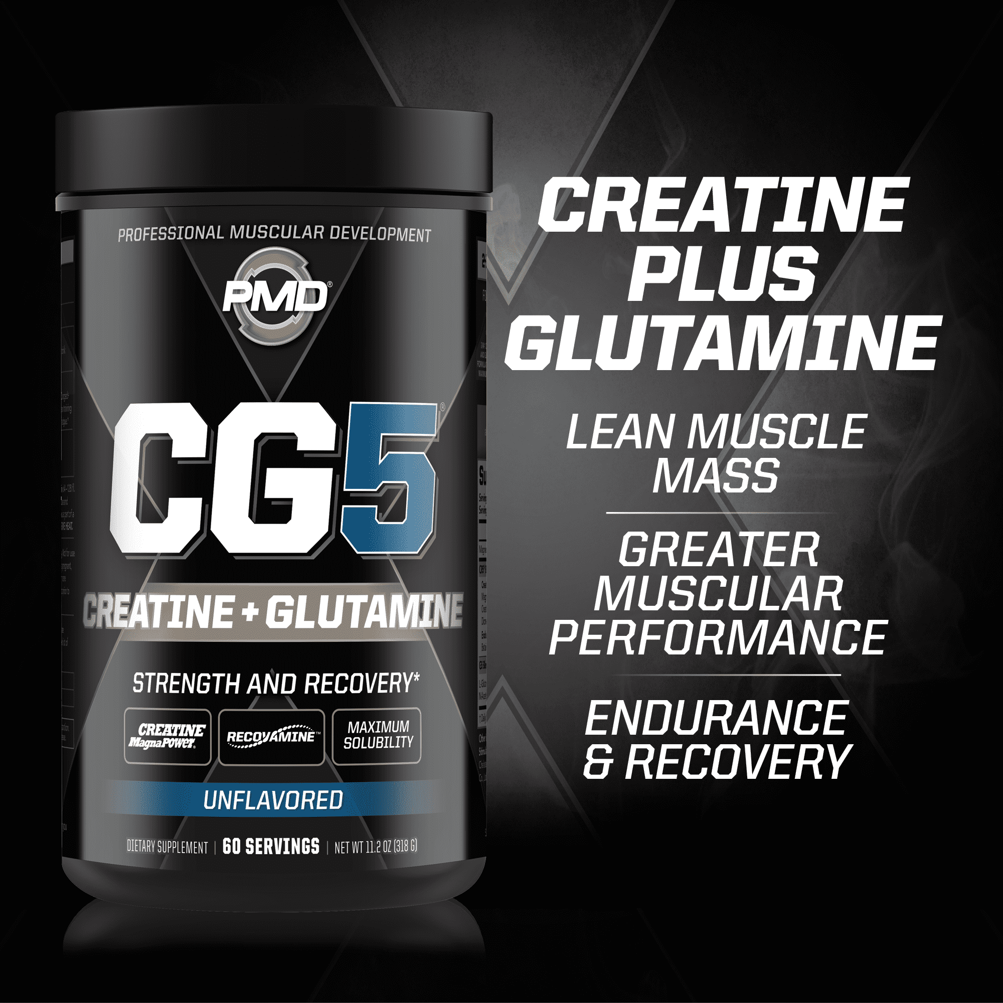 PMD Sports CG5 Creatine and Glutamine Powder-Maximum Strength Power & Recovery, Build Lean Muscle, Increase Performance - Pre Workout and Post Workout - Unflavored (60 Servings)