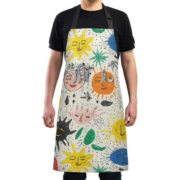 Kitchen Apron with 2 Pockets Adjustable waterproof Cooking Aprons for Women Men Chef Hand Drawn Sun