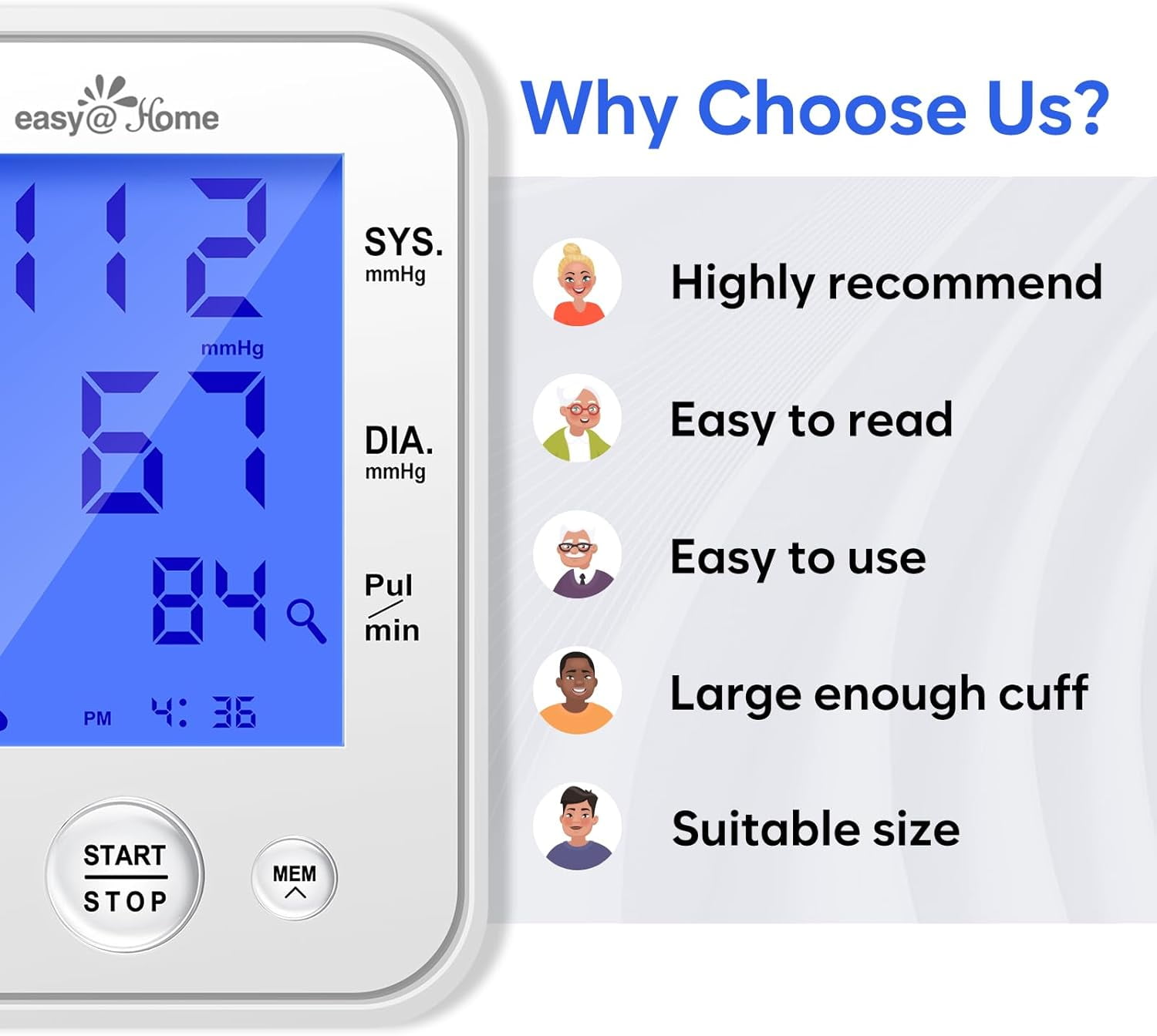 Easy@Home Upper Arm Blood Pressure Monitor with LCD Display