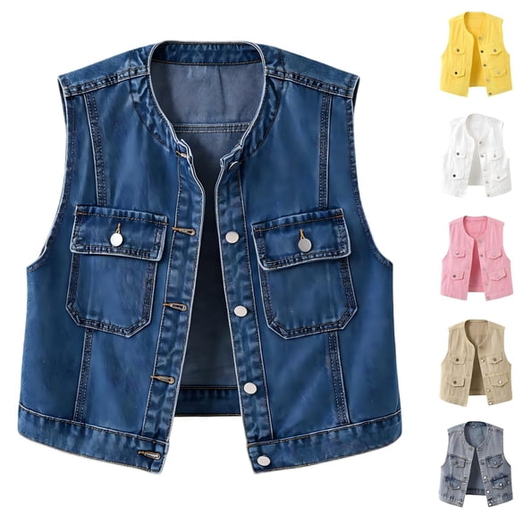 Tqcoqu Women's Round Collar Sleeveless Denim Vest Multi Pocket,Button Down Waistcoat Plus Size Jacket,2026 Spring Fall Trendy Clothes,Blue-1 Women's S-XXXXXL