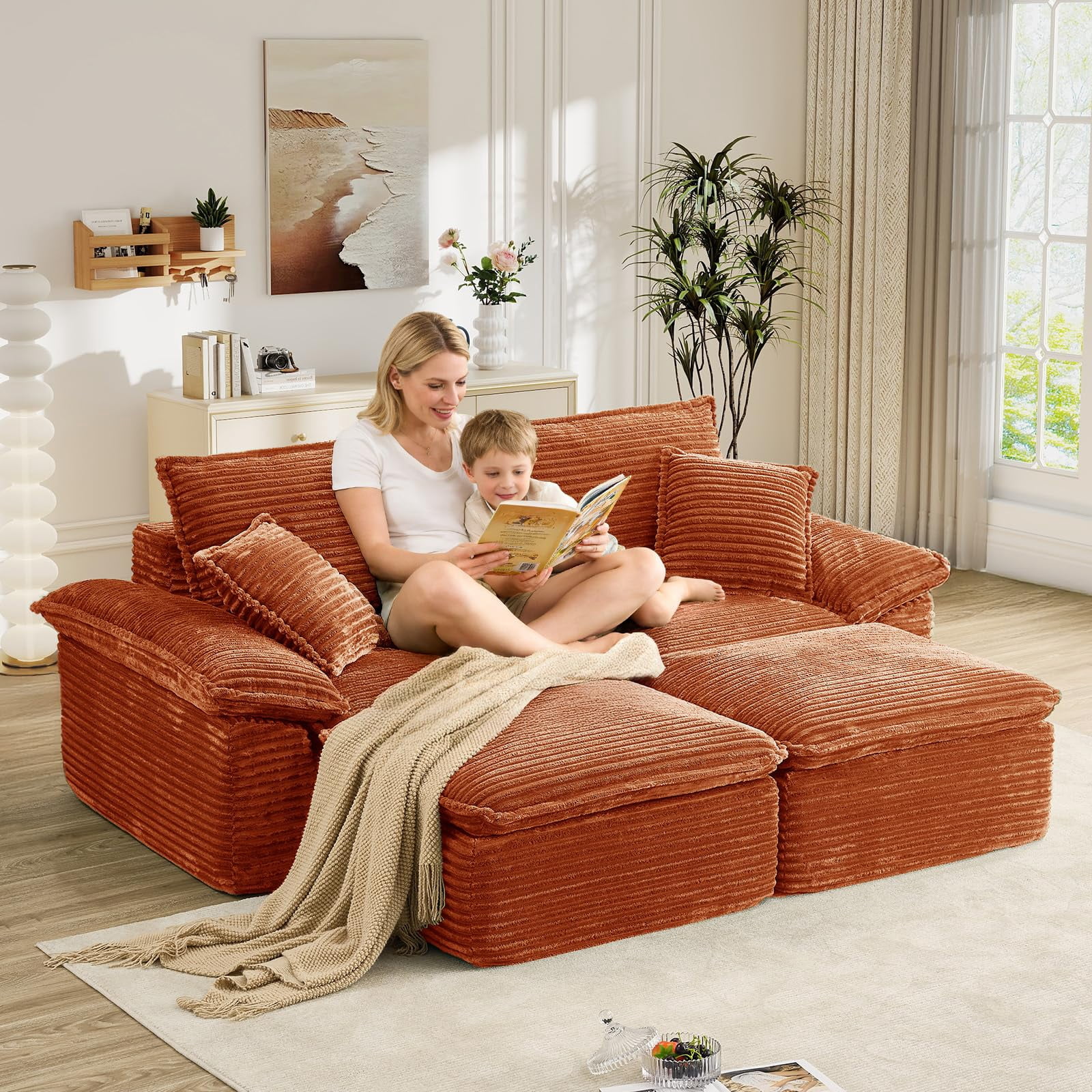 Aukfa 4-Piece Modular Sectional Sofa, Corduroy Convertible Double Chaise Lounge with Ottomans, Orange