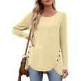thumbnail image 2 of WTOBBY Fashionable Women's Long Sleeve Solid Color Button Detail Top Round Neck Casual Wear Breathable Material Perfect for Office or Weekend Layering Piece Stretch Fit,Beige L, 2 of 5