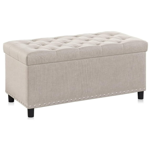 YOSITiuu 35 Inch Button-Tufted Ottoman Linen Storage Bench with Safety Close Hinge for Living Room, Entryway, Hallway, Foot Rest, Support 300lbs - Beige