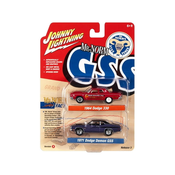 1964 Dodge 330 Red and 1971 Dodge Demon GSS Plum Crazy with Black Top and Stripes 1/64 Diecast Model Cars by Johnny Lightning