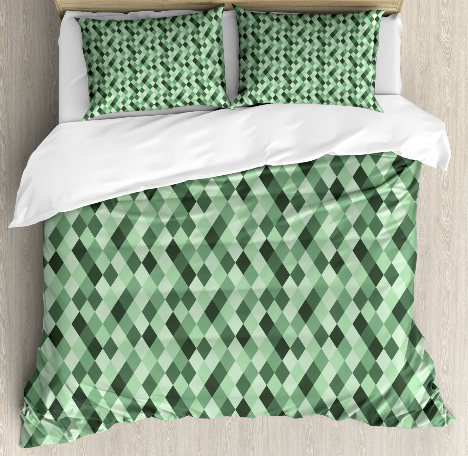 Geometric Rhombus Duvet Cover Set, Modern Symmetric Classic Argyle Pattern Green Palette Print