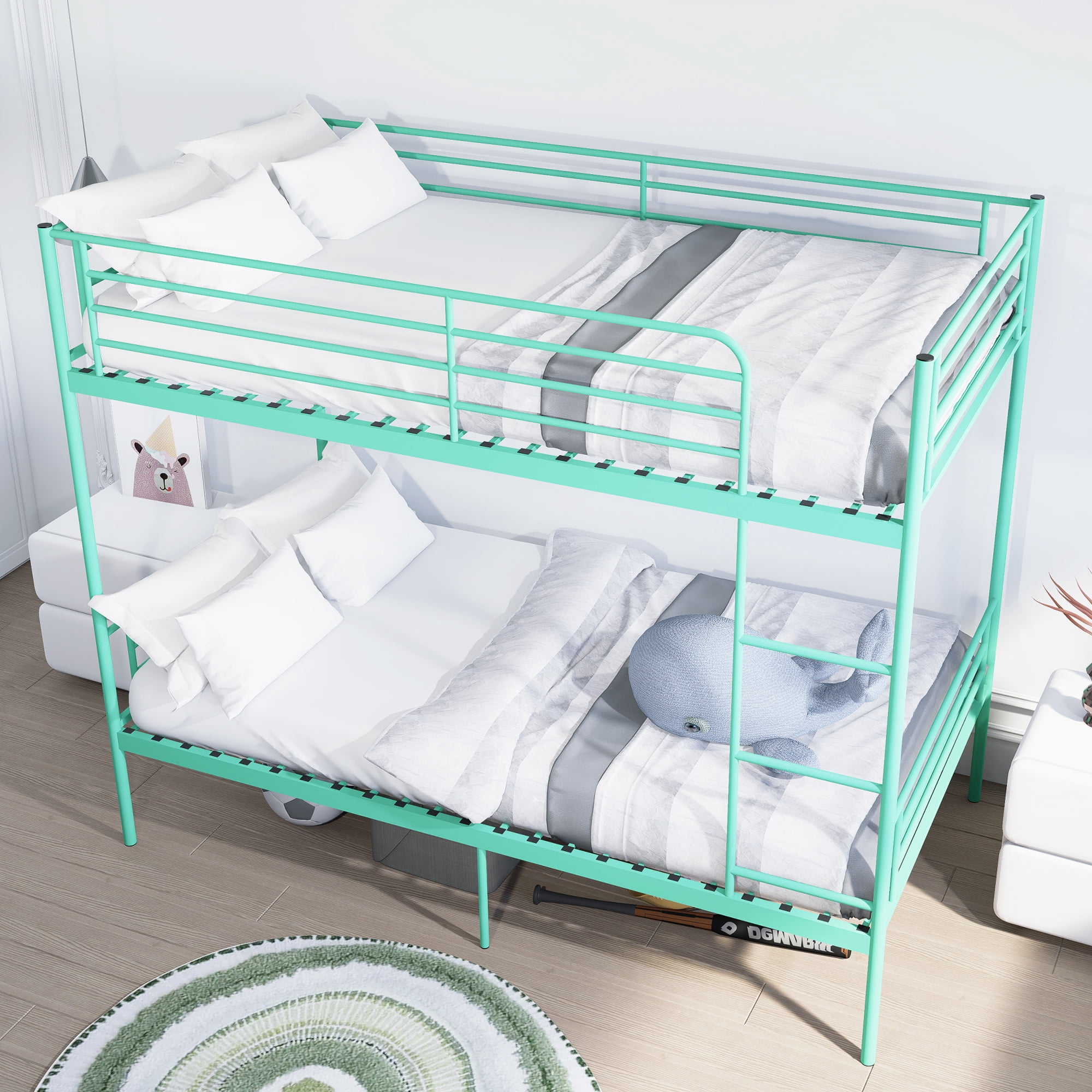 Leumius Twin over Twin Bunk Bed,Metal Bed Frame with Ladder and Guardrail,Noise Free,Easy Assemble,Able to Split 2 Bed,Green