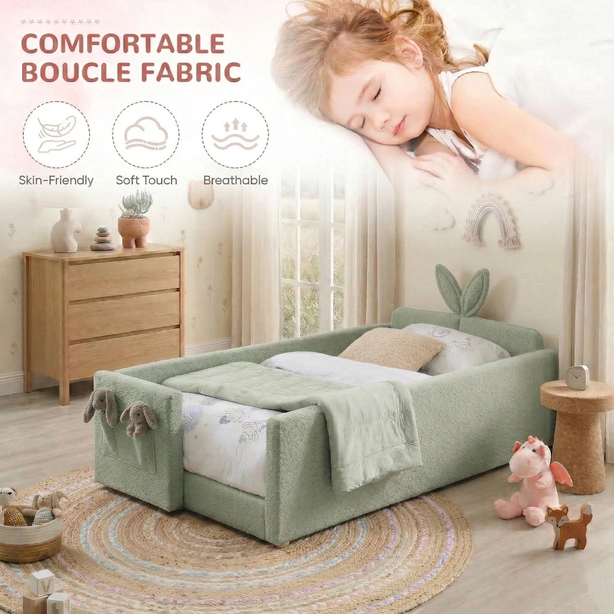 AISWORD Twin Size Kids Bed with Rabbit Ear Headboard, Upholstered Daybed with Slat Support & Side Pockets, Space-Saving Wooden Corner Sofa Bed, Green