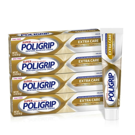 Poligrip Extra Care Denture Adhesive Cream, Flavor-Free, Zinc-Free - 2.2 Oz (4 Pack)