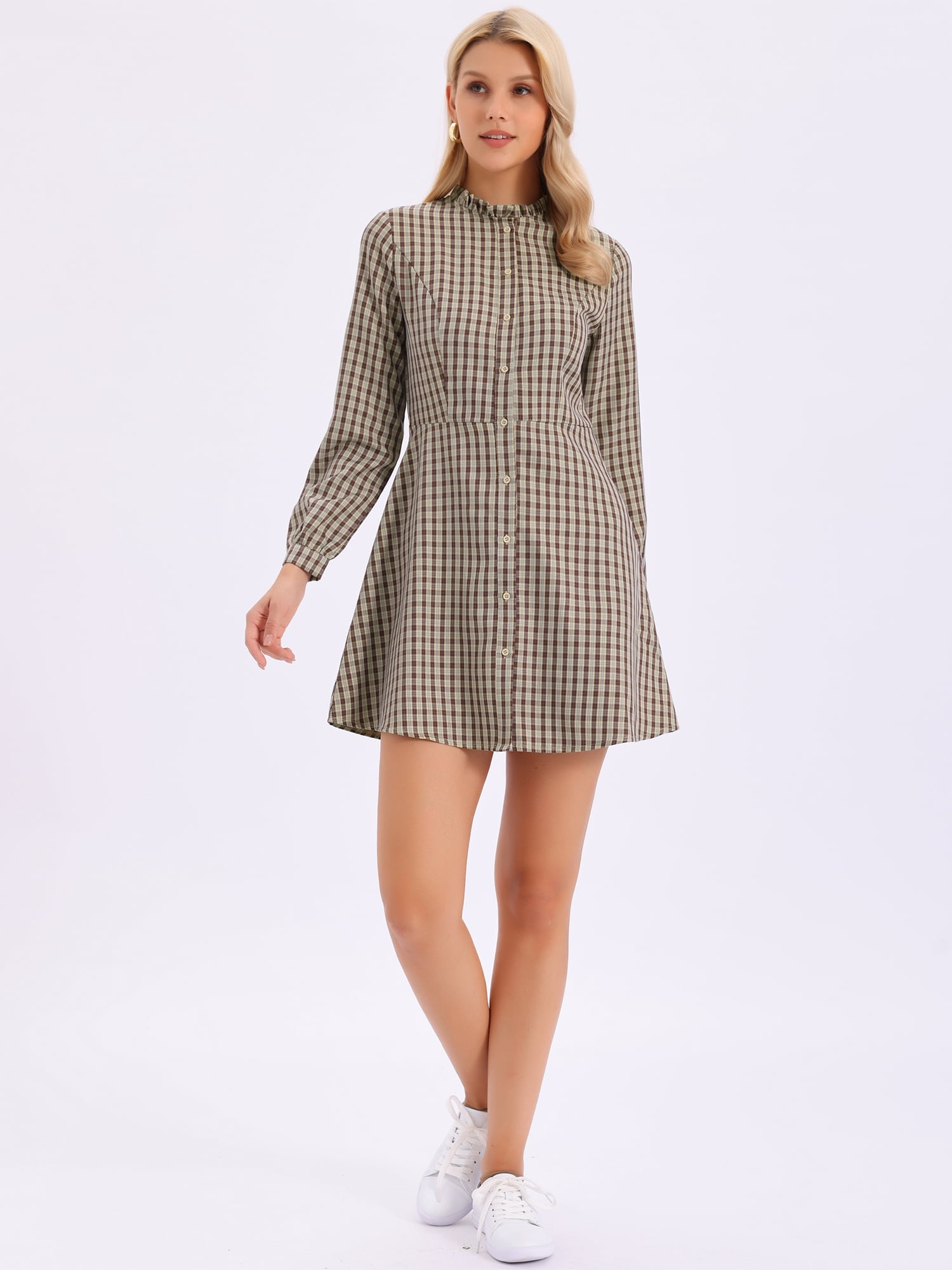 DARING DIVA Women's Check Ruffle Neck Button Down Long Sleeve A-Line Dress XS Brown Khaki